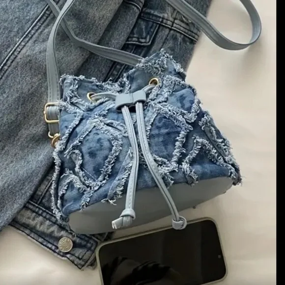 Denim Drawstring Backpack - Picture 5 of 6